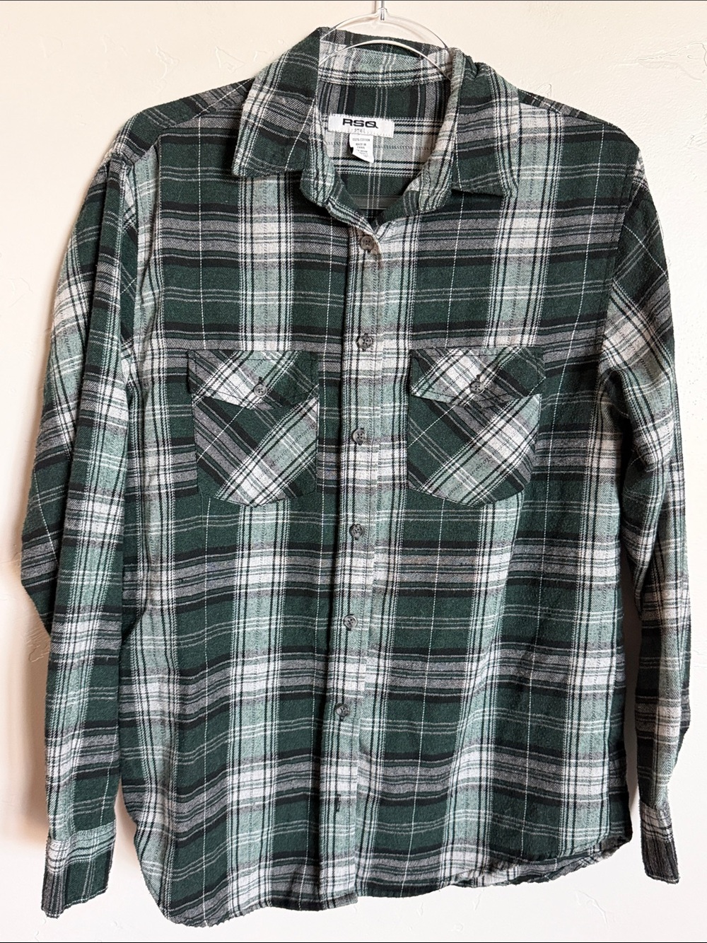 RSQ Dark Green and White Plaid Button-Down Shirt Cotton Flannel Top